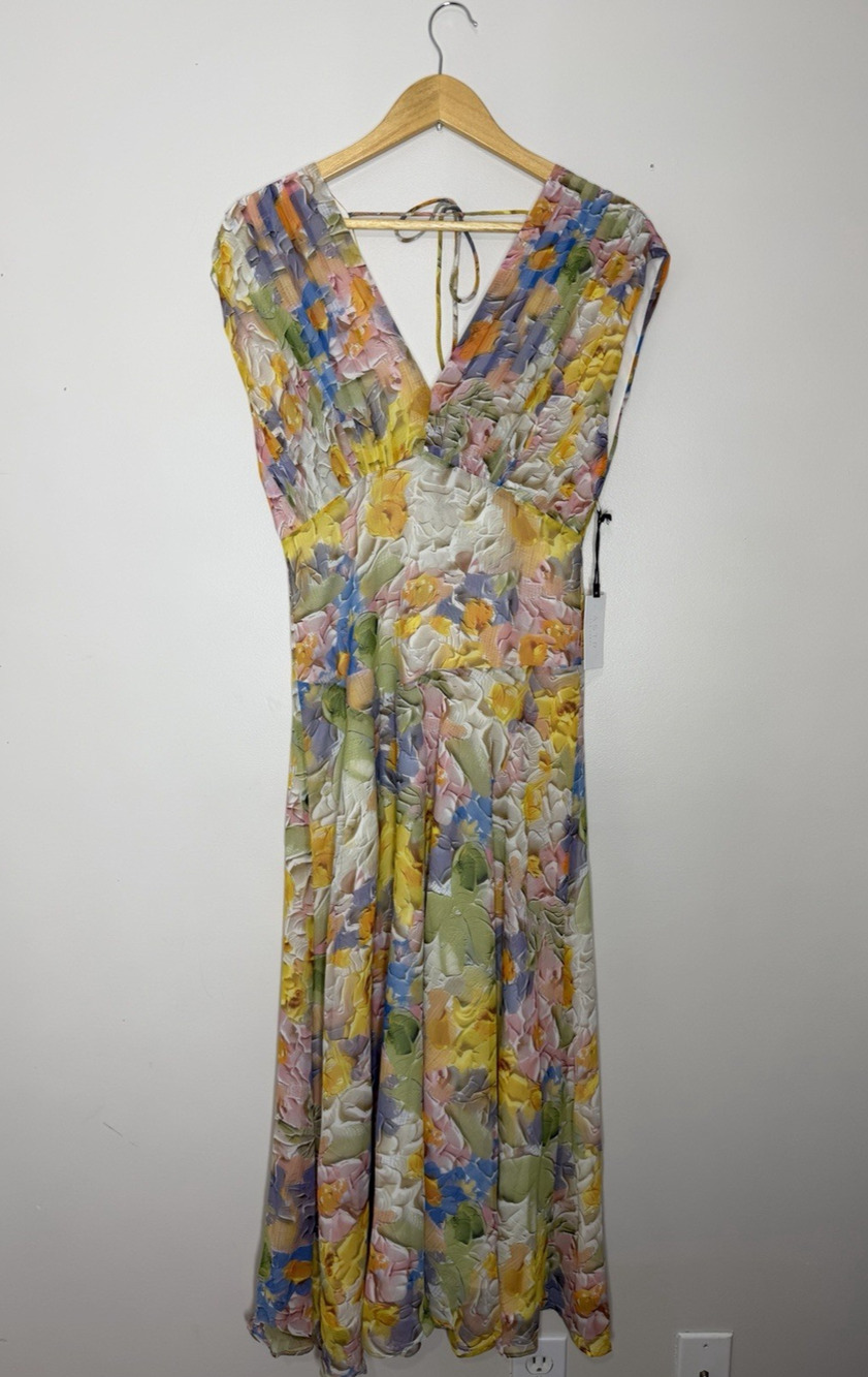 ASTR the Label Floral Pleated Bodice Midi Dress Small Cream Multi Flowy Feminine